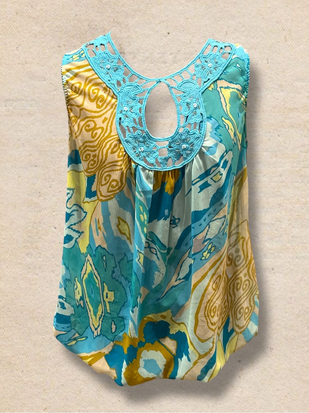 Vintage Y2K 60s inspired Turquoise Floral Crochet Yoke Sleeveless Top